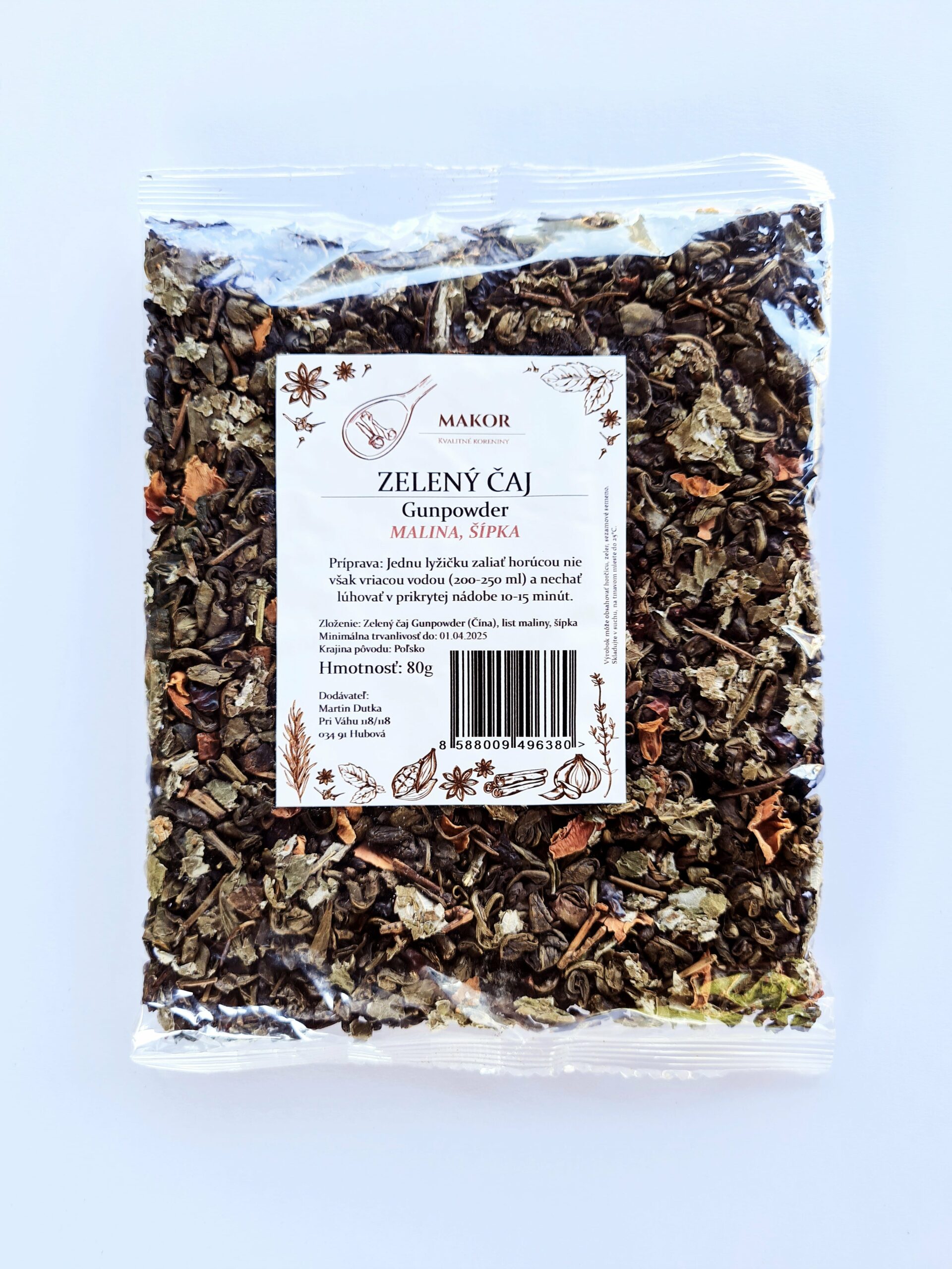 Zelený čaj Gunpowder – malina šípka 80g